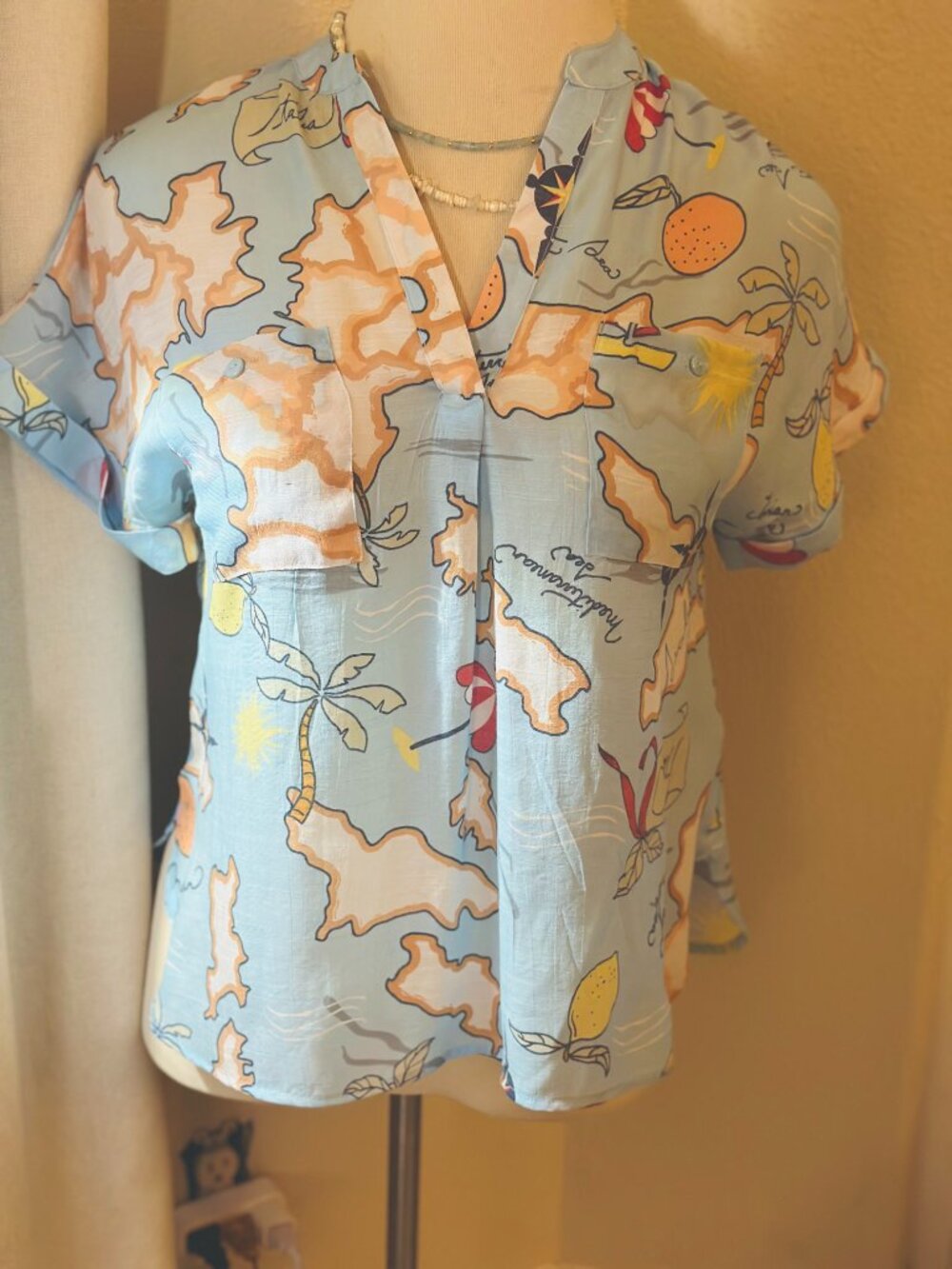NWT Cabana Fashions Portofino Collection Mediterranean Map Print Blouse L